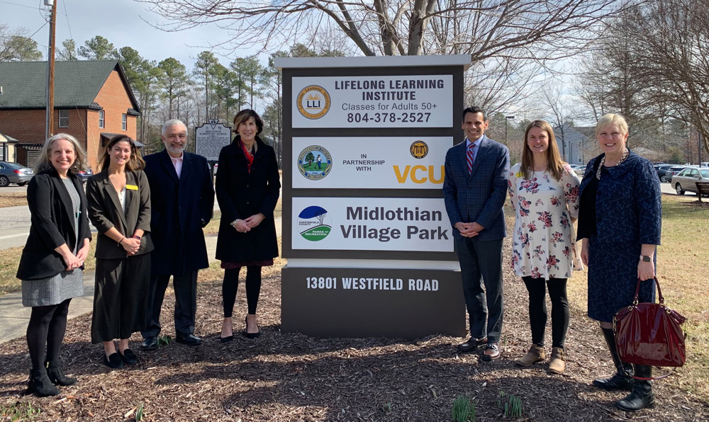 From left: Tracey Gendron, Alexa van Aartrijk, Joe Casey, Hon. Leslie Haley, President Rao, Rachel Ramirez and Susan Parrish at the Lifelong Learning Institute in Chesterfield.
