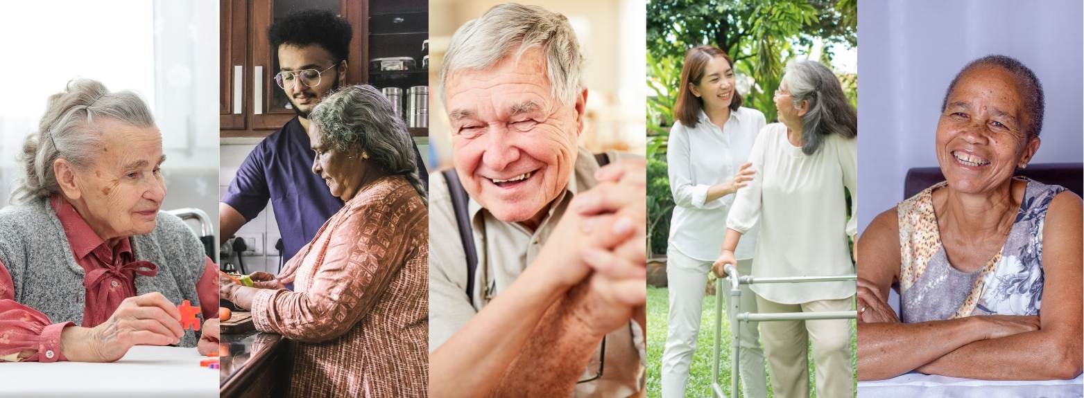 A series of photographs featuring diverse older adults and elders alongside caregivers.