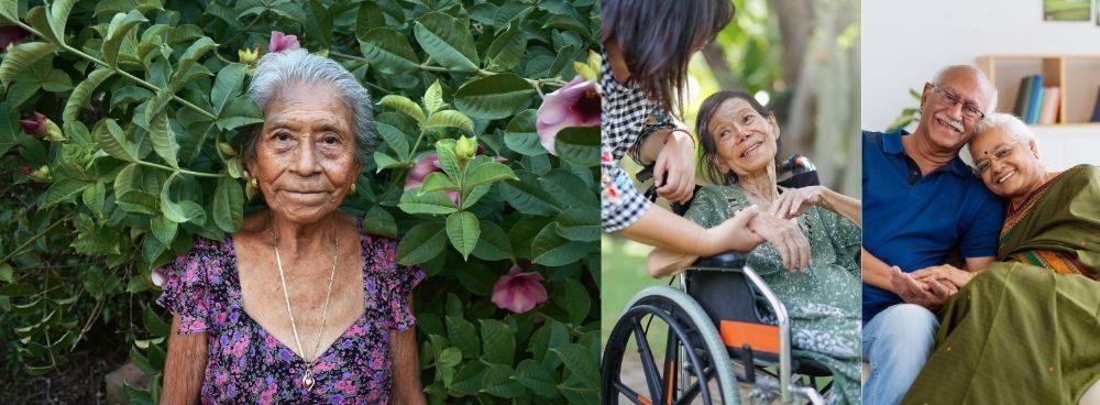 A series of three photographs featuring diverse elders smiling and receiving care from adults.